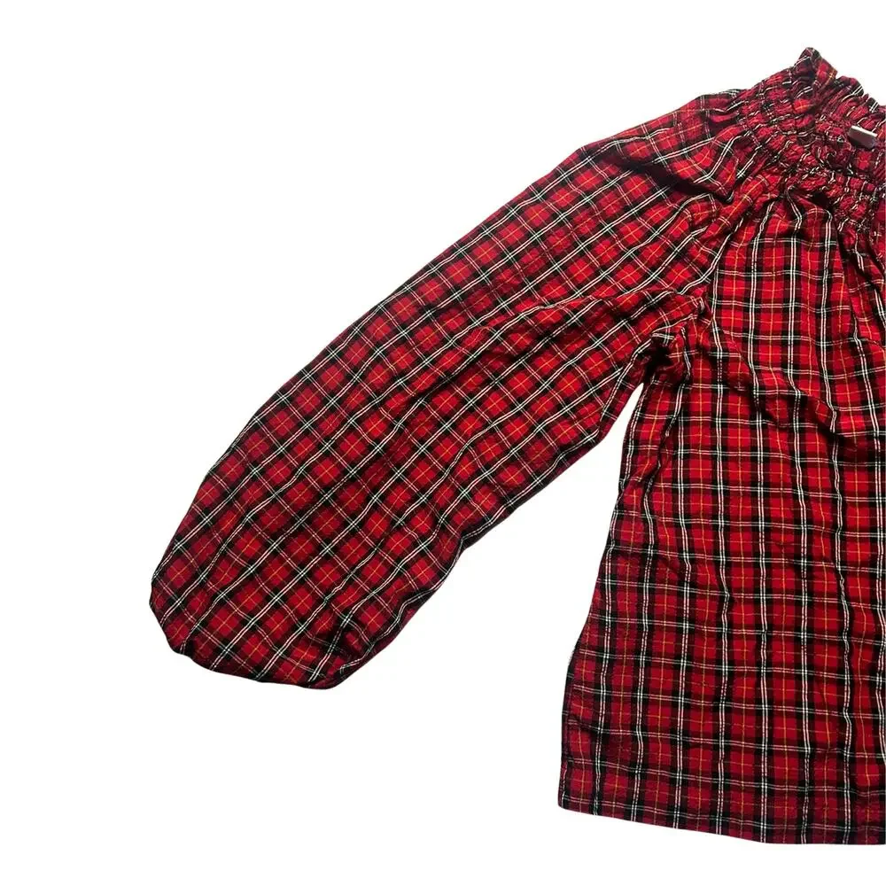 Red Black Tartan Plaid Off Shoulder Puff Sleeve Blouse M Cottagecore Prairie